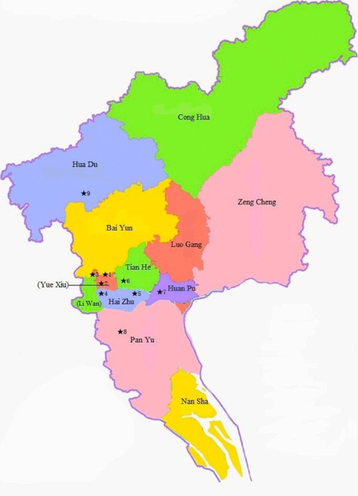 District map of Guangzhou, China, with monitoring stati | Open-i