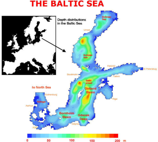 The Baltic Sea and its main deep basins. Depth distribution is given by