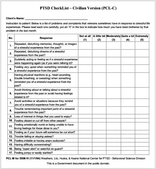 Sheet of PTSD checklist. PTSD: post-traumatic stress di | Open-i
