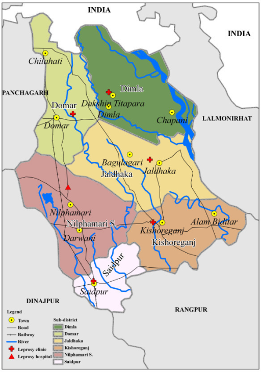 National, district, and sub-district borders, towns, clinics, rivers, roads, and railroad of Nilphamari district.