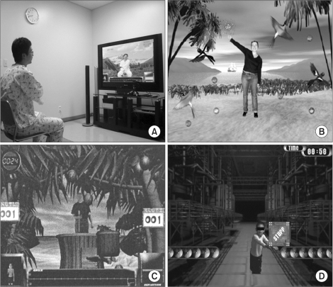 (A) Virtual reality experimental set up (IREX system®, Vivid group, Toronto, Canada), (B) Bird-ball, (C) Coconut, (D) Conveyer.