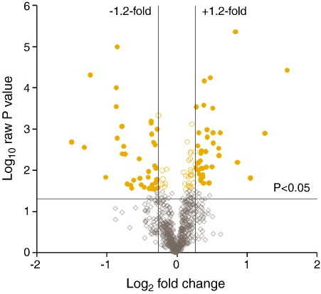 log2(t+1) Volcano plot the quantified of of set proteins d entire