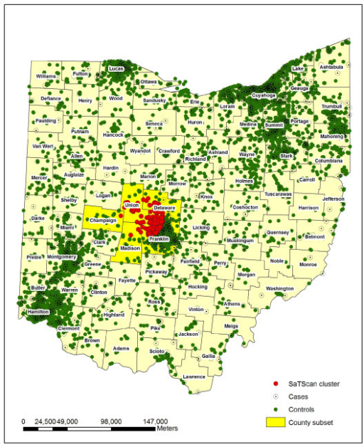 Most likely SaTScan cluster for all cases (43 cases, p- | Open-i